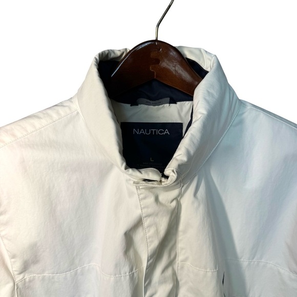 Nautica Men's Large White Sailing Windbreaker Jacket Hood Under Collar Tuck - Picture 5 of 12
